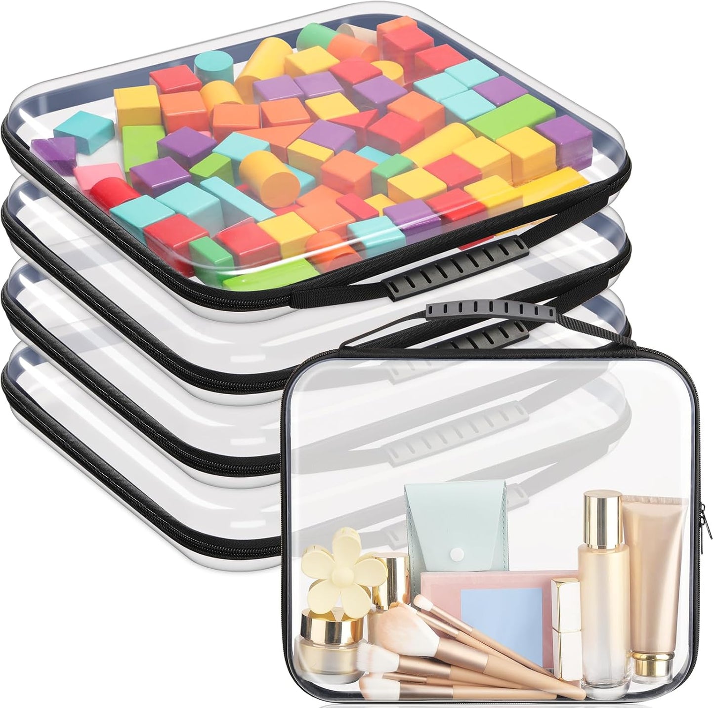 Sanwuta 4 Pcs Clear Hard Zipper Case with Handle Office Storage Cases Hard Plastic Pouches Transparent Bins for Crafts, Pencils, Snacks, Cosmetics, Puzzles(13.8 x 11.8 x 2 Inches,Black)