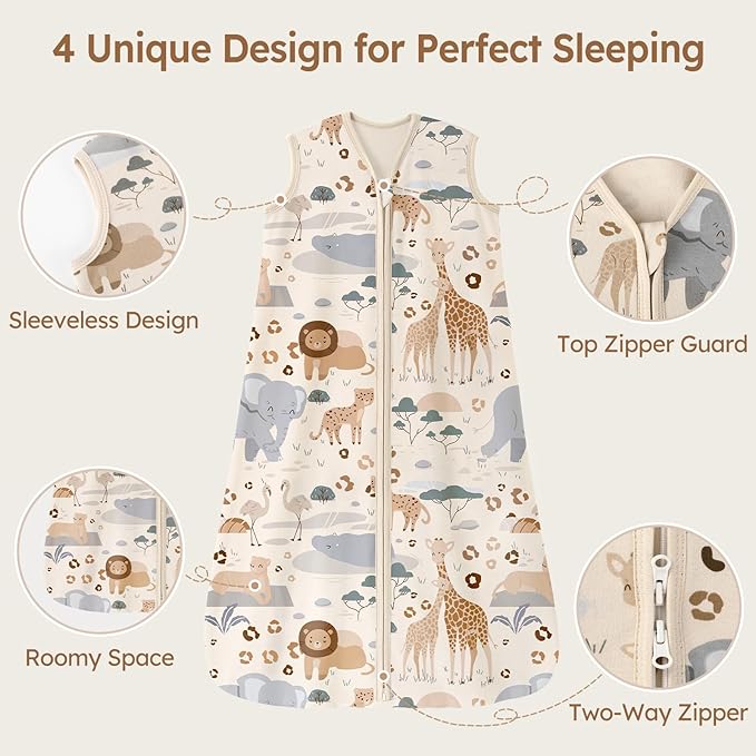 Baby Sleep Sack 6-12 Months 100% Cotton Lightweight 0.5 TOG Wearable Blanket Baby Sleep Bag with 2-Way Zipper for Newborn Infant Apricot Elephant