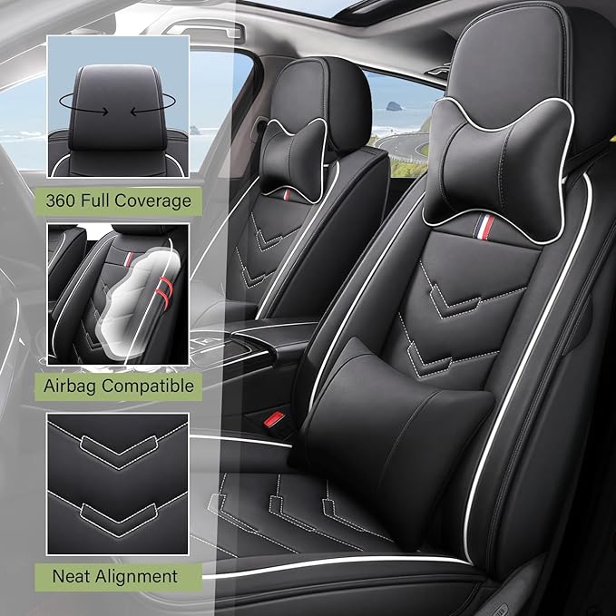 Leather Car Seat Covers Fit for LR Range Rover 2022-2025, 5 Seater Waterproof and Wear-Resistant Seat Cover Interior Accessories(Full Set with Pillow,Black&White)