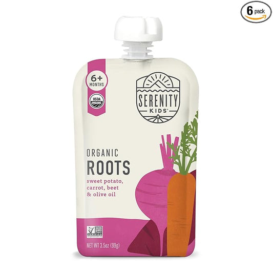 Serenity Kids 6+ Months Baby Food Pouches USDA Organic Veggie Puree - BPA-Free - No Added Sugar Allergen-Free - Savory Sweet Potato & Carrot, Beet Baby Snacks - 3.5 Oz, 6 Pack