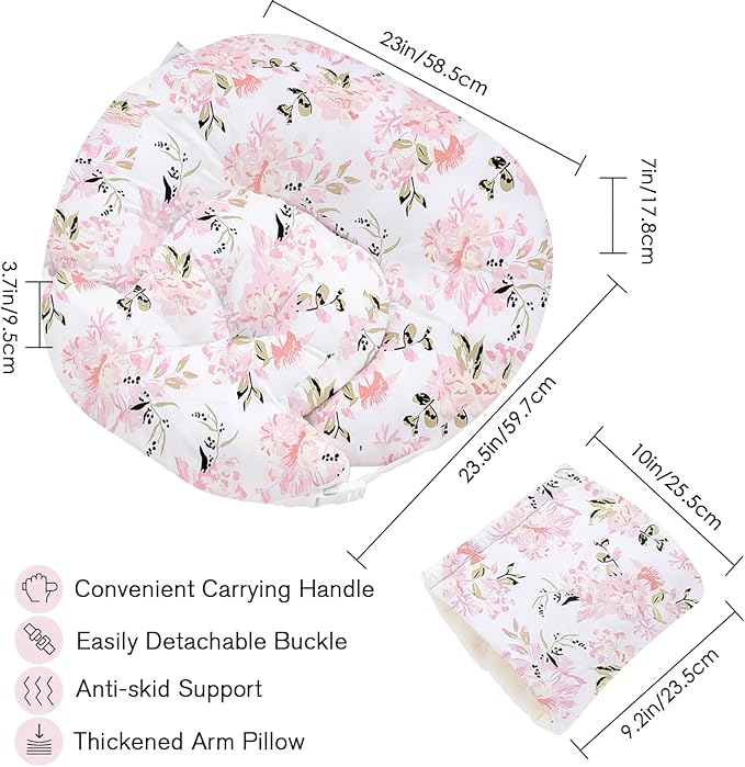 Little Grape Land Nursing Pillow, Multifunctional Breast Feeding Pillow with Arm Pillow, 3pk Baby Support Pillow with Adjustable Waist Strap and Removable Cover, Rose Floral