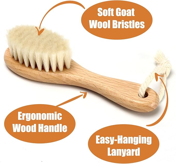 Wooden Baby Hair Brush and Comb Set, 2Pcs Natural Soft Goat Bristles Brush with Baby Shower Scrubber Perfect Scalp Grooming Product for Newborn, Toddler, Infant (Pink)