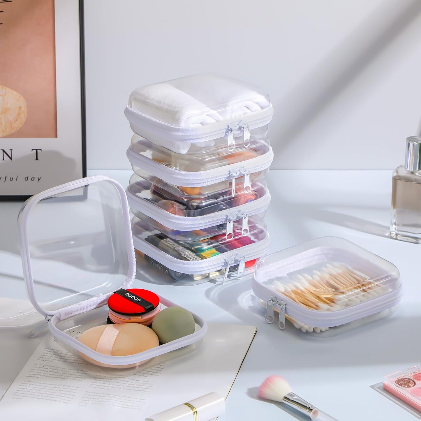 Sanwuta 6 Pcs Clear Hard Zipper Case Pencil Pouches Hard Plastic Zipper Pouches Makeup Bag Transparent Cases for Snacks Plastic Storage Organizer Box for Travel(White,5 x 5 x 2 Inch)