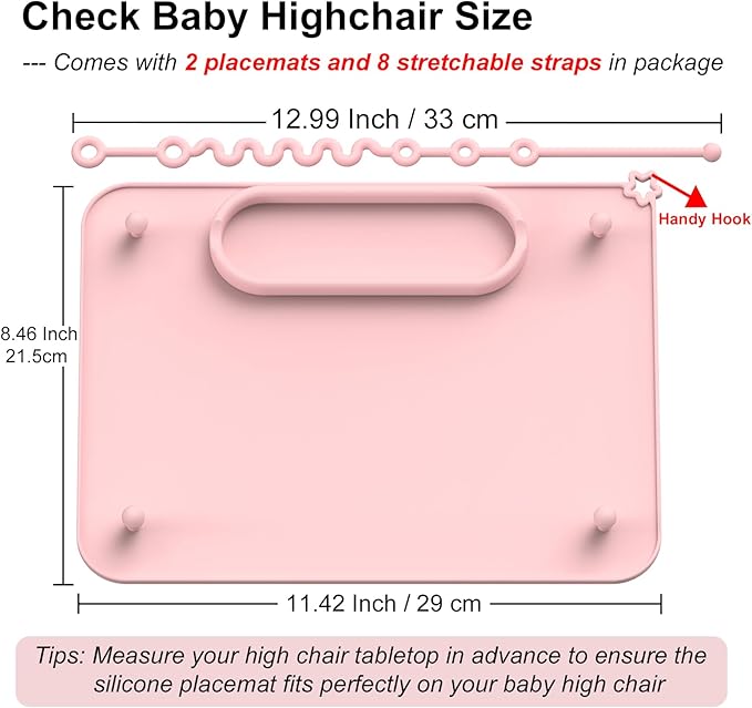 2 Pack Baby Silicone Mat, with Suction Base and 8 Stretchable Straps, Seposeve Baby Placemats, Activity Mat for Infants to Toddlers, Keeps Babies Essentials Off The Floor, Purple Pink