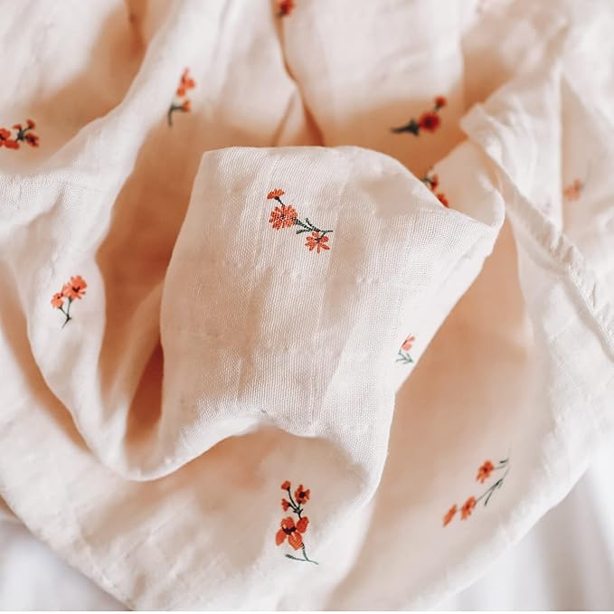 LifeTree Baby Girl Swaddle Blankets, Muslin Swaddling Wrap Receiving Blanket for Newborn, Organic Cotton, Large 47 x 47 inches, Solid Color/Flower Print