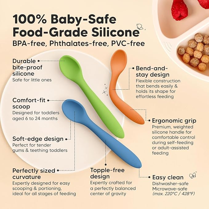 KeaBabies Silicone Baby Spoons, Self Feeding 6-12 months - 3-Pack Baby Weaning Eating Utensils, Toddler First Food Training Spoon, Infant, Kids Feeding Supplies Essential Set, Dishwasher-safe (Kea)