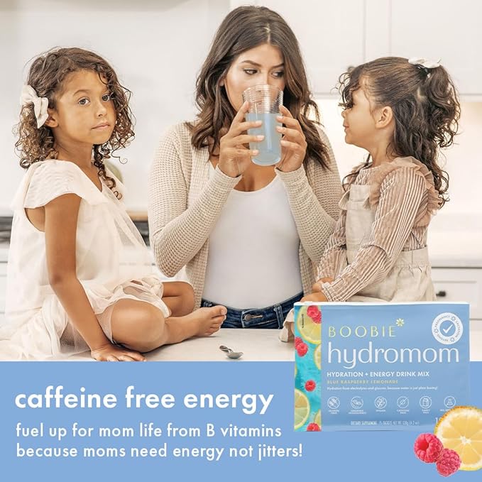 Boobie Hydromom Superfood Electrolyte Drink Mix, Blue Raspberry Lemonade | Refreshing Energy & Hydration Boost for Mamas | On-The-Go & Travel Essentials for Pregnancy, Lactation, & Beyond, 10 Packets