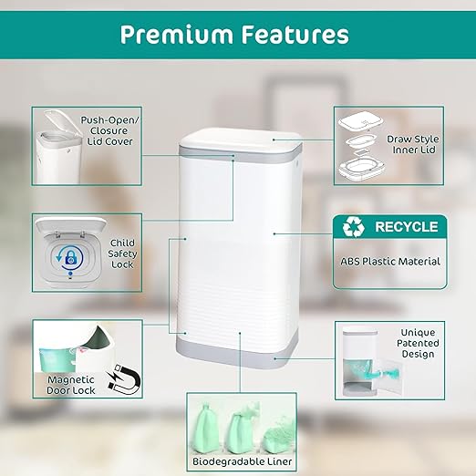 Diaper Pail Odor Locking, with Child-Safe Lock, Cost-Effective Refill System, Holds up to 20 Newborn Diapers, White