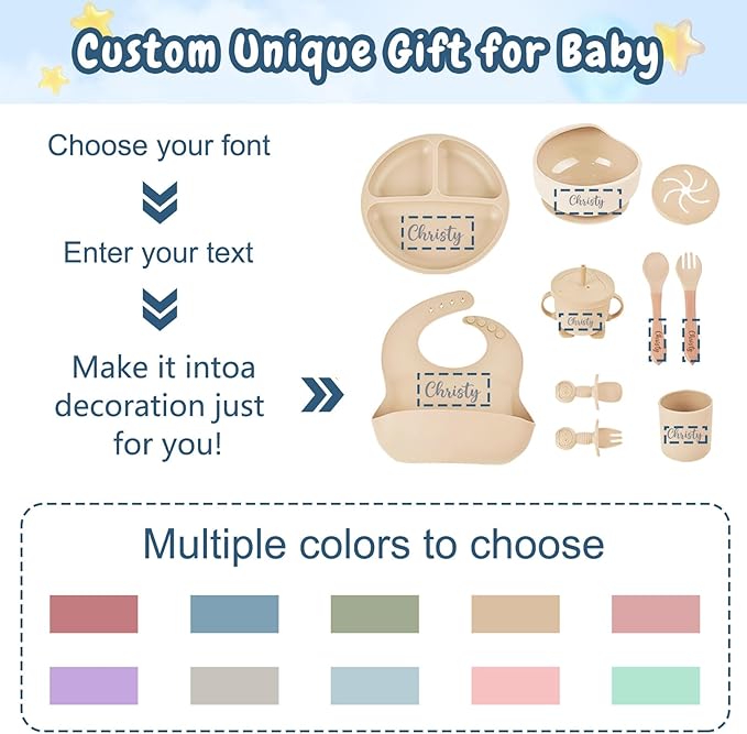 Personalized Silicone Baby Feeding Set with Name, Customized Baby Led Weaning Supplies Self Feeding Eating Utensils with Spoon, Fork, Silicone Suction Bowls, Cup, Plate Dusty Blue