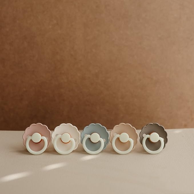 FRIGG Daisy Night Natural Rubber Baby Pacifier | Made in Denmark | BPA-Free (Portobello/Croissant, 6-18 Months) 2-Pack