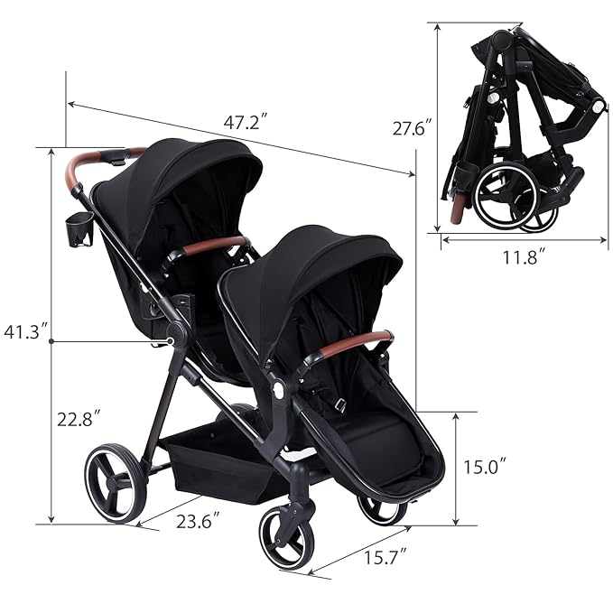 Tandem Double Stroller Newborn and Toddler, Foldable Twin Stroller with Reversible Seat, 5-Point Safety Harness, Adjustable Backrest & Canopy, Storage Basket
