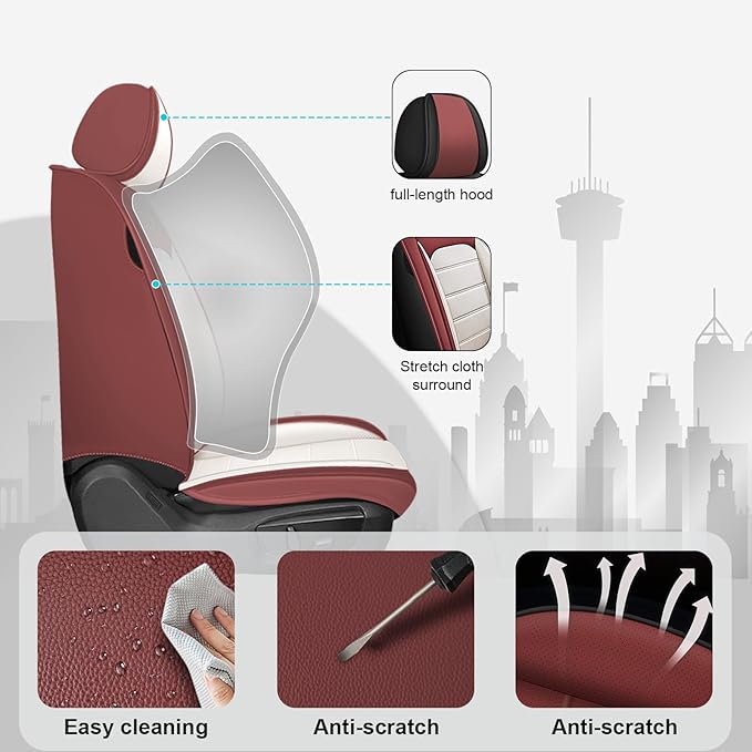 JOJ Car Seat Cover Fit for Toyota Highlander 2001-2025,7 Seat Car Seat Cover,No-Slip Waterproof Breathable Faux Leather,Full Set with Pillow Steering Wheel Covers,Cream Red