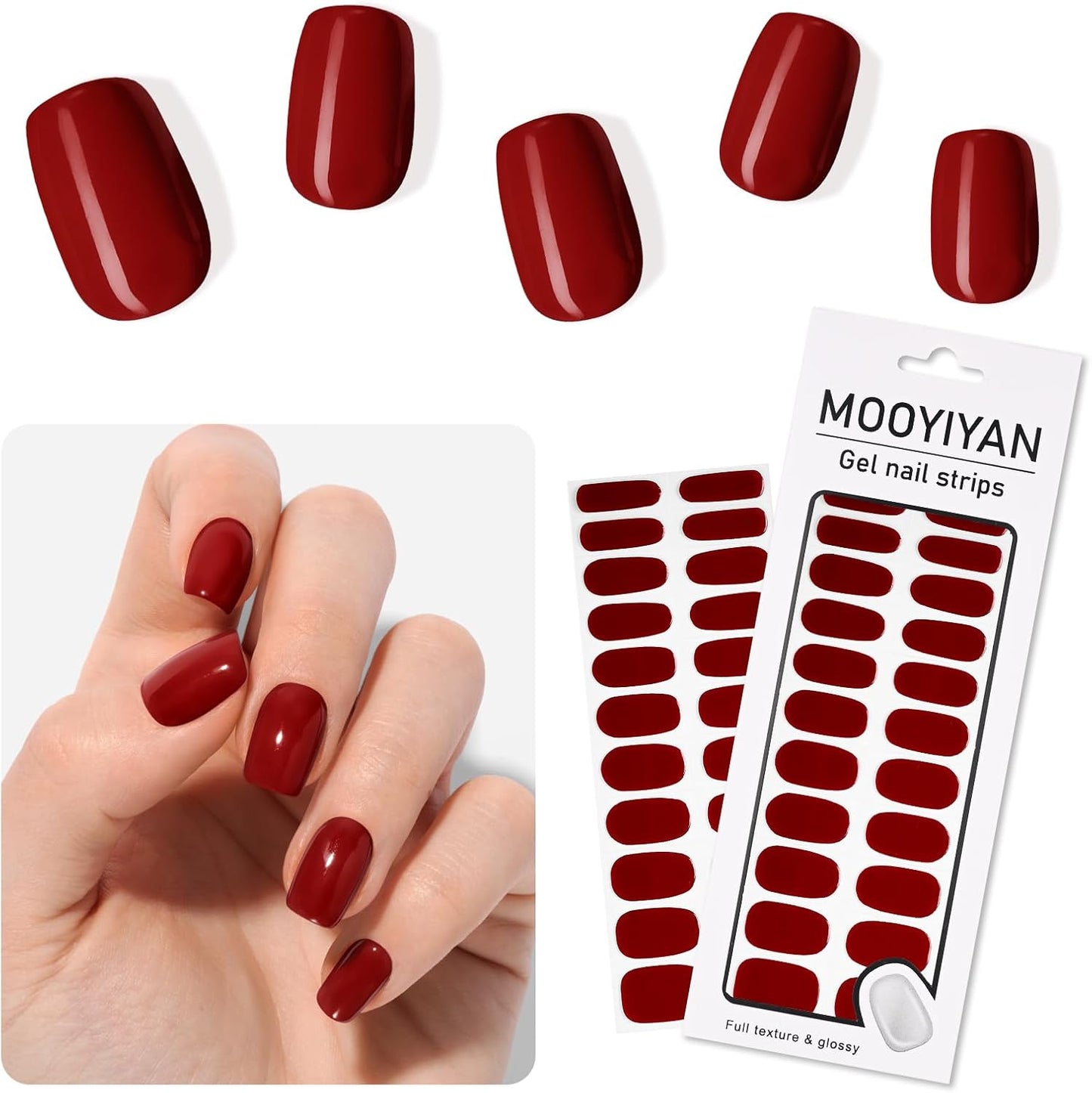 Gloss Nail Strips|Uv Free|22 Pcs,Gel Nail Stickers|Long Lasting Two Weeks and Easy to Apply&Remove|Burgundy