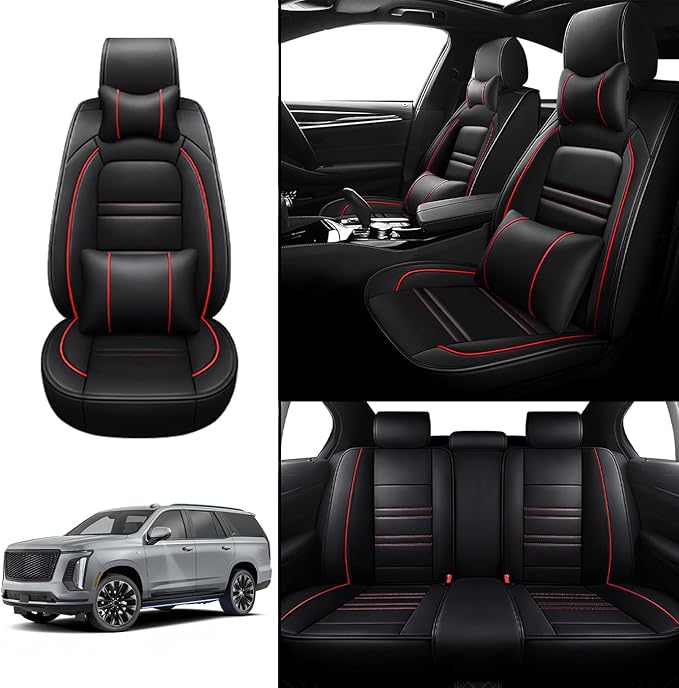 Car Seat Covers for Cadillac Escalade 2000-2025 | 5-Seats Seat Covers, Waterproof Seat Protectors, Automotive Seat Covers (Full Set with Pillow,Black&Red Line)