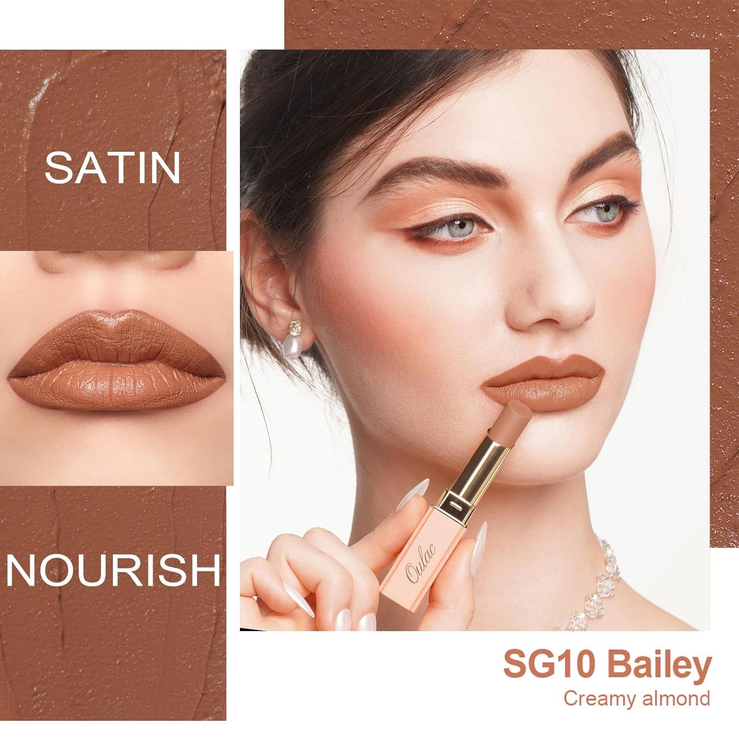 Oulac Color Rich Satin Lipstick - Light Brown Full Coverage Lip Color, Creamy Silky-Smooth, Moisturizing, Satin Matte Finish, Infused With Shea Butter, Vegan & Clean Beauty, 4g, SG10 Bailey