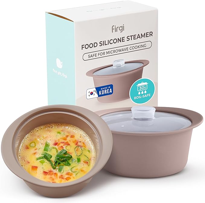 20oz Platinum Silicone Microwave Steamer Pot with Handle & Lid - Korean 100% Food-Grade Steamer Bowl, Heat-Resistant Cooker with Steam Holes, Easy Clean, Dishwasher Safe, Taupe Brown