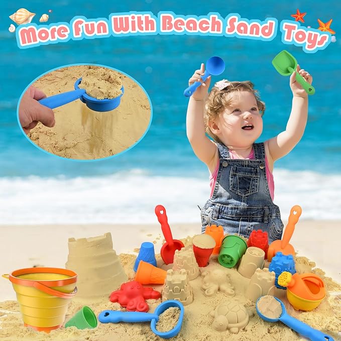 Beach Toys Set for Kids, Collapsible Sand Bucket and Shovels Set with Watering Can,Mesh Bag, Ice Cream &Animal Sand Molds,Travel Beach Toys for Toddler Boys Girls Age 3 4 5 6 7 8+