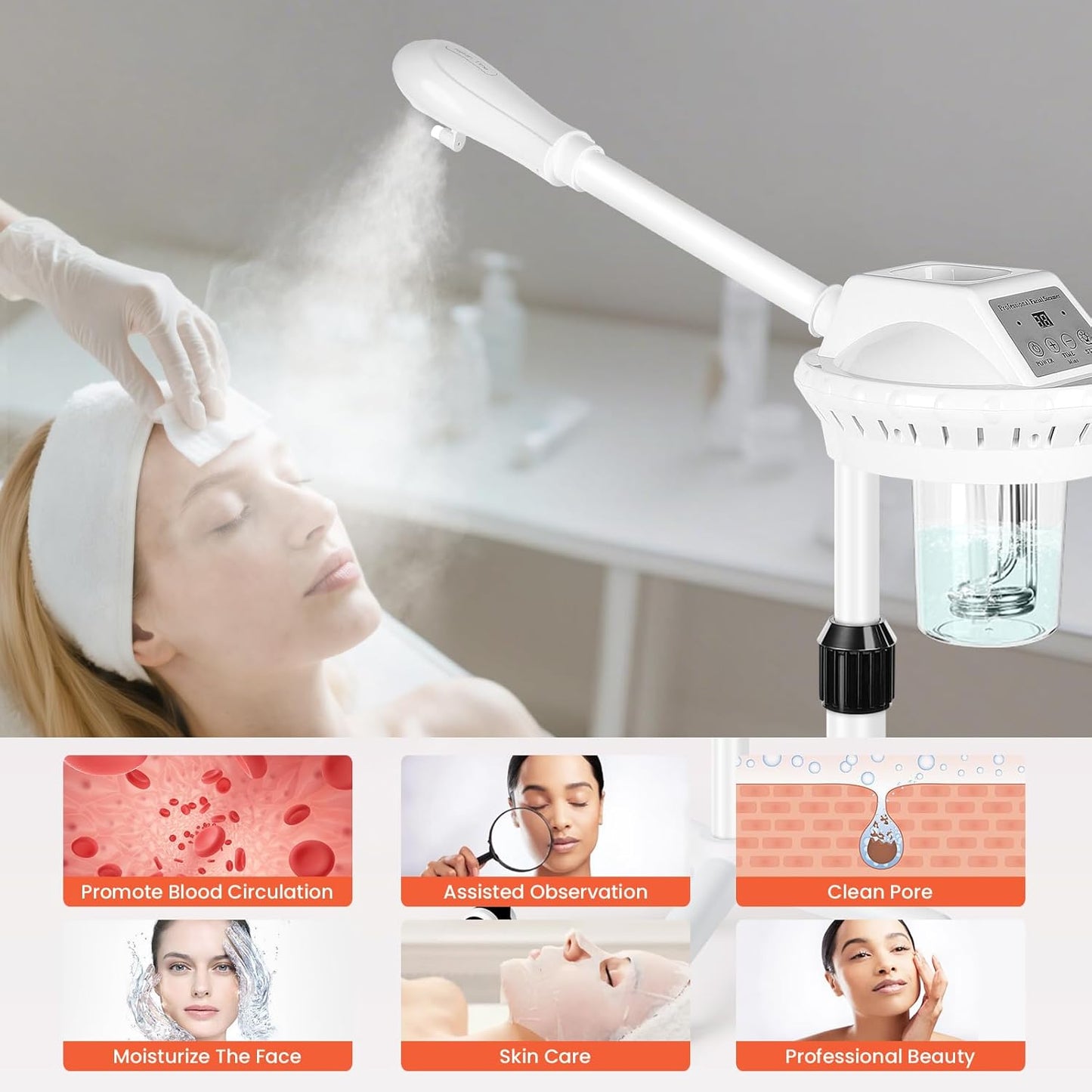 Professional Facial Steamer, Esthetician Steamer on Wheels, Stand Face Steamer for Facial Deep Cleaning and Hydration, Steamer for Facial for Personal Care or Beauty Spa or Salon, White