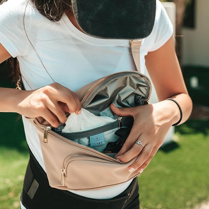Zomee Fit Wearable Breast Pump, Hands Free, Portable,Discrete Electric Double Breast Pump - Holds 5 oz - Wireless 2+ Hours Battery Leak Proof Anti Backflow -Fanny Pack with Diaper Chaning Pad (Tan)