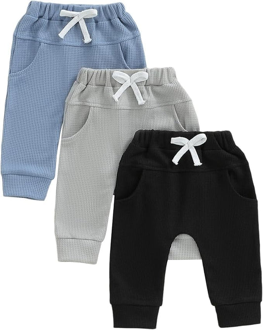 Sejardin Toddler Baby Boy Girl Pants 3 Pack Solid Color Elastic Waist Jogger Sweatpants Newborn Infant Casual Bottoms