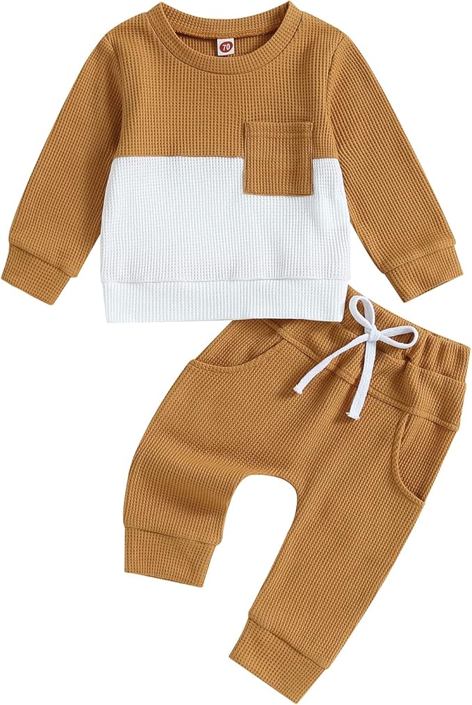 Toddler Baby Boy Fall Clothes Waffle Contrast Color Sweatshirt Pants Sets Infant Winter Outfits 6 12 18 24 Months