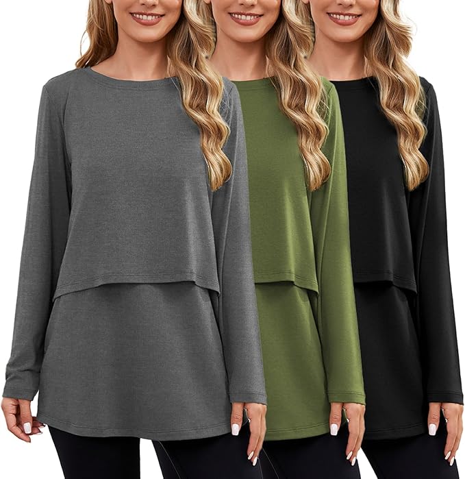 Ecavus Women's 3Pack Maternity Nursing Shirts Long Sleeve Double Layer Breastfeeding Shirts Comfy Pregnancy Clothes