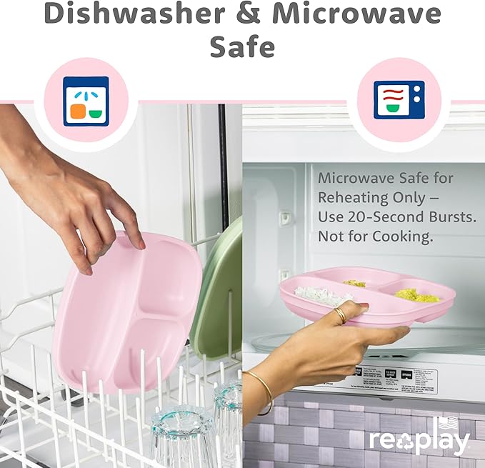 Re-Play Toddler Plates with Dividers - Deep-Walled 3 Compartments Divided Plates for Kids - Dishwasher & Microwave Safe - Made in USA - Set of 3-7.37" x 7.37" x 1.25" - Blossom