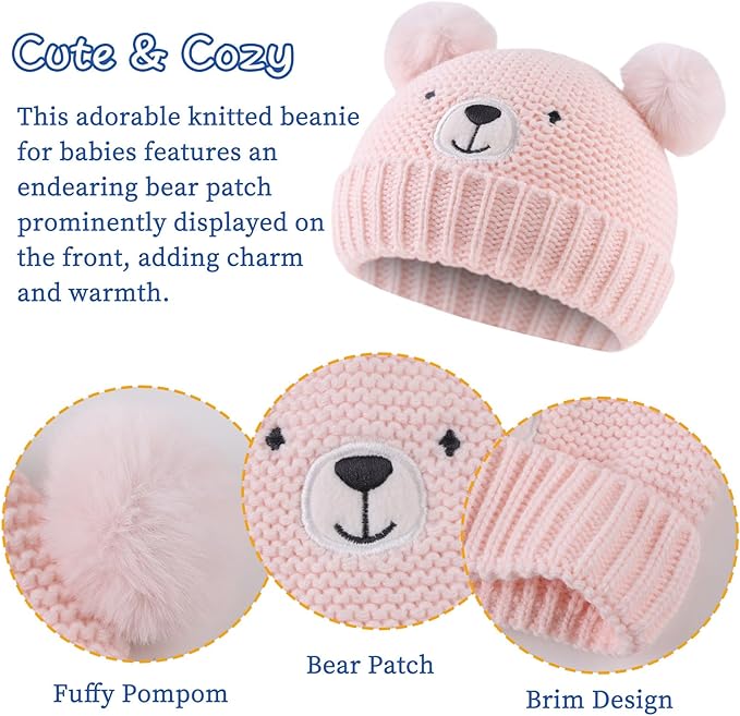JANGANNSA Cute Bear Baby Beanie Pompom Baby Boys Hat Infant Toddler Winter Knitted Beanies for Girls