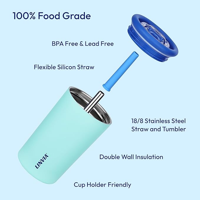 Candy Tumbler, 20 oz Kids Insulated Stainless Steel Water Bottle with Spill Resistant Silicone-Metal Straw and 2-in-1 Lid, BPA-Free, Cup Holder Friendly, Dishwasher Safe, Dark Black