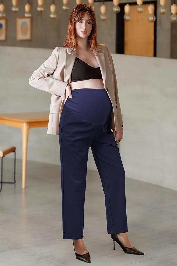 OUGES Womens Stretchy Maternity Over Belly Casual Work Straight Leg Pants Ankle Business Office Trousers with Pockets