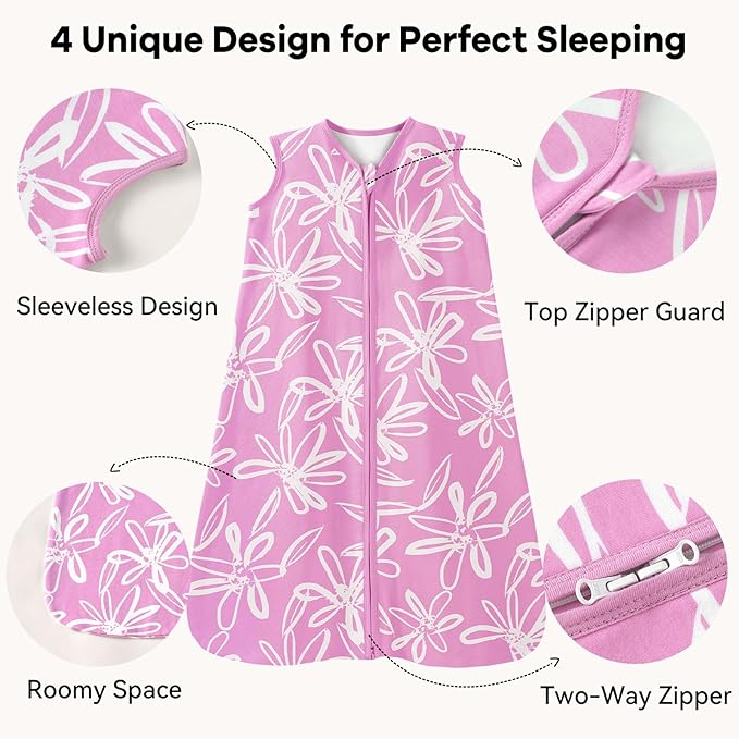 Baby Sleep Sack 12-18 Months 1.0 Tog Baby Wearable Blanket 100% Cotton Sleeping Sack with 2-Way Zipper for Toddler Infant Purple Leaf