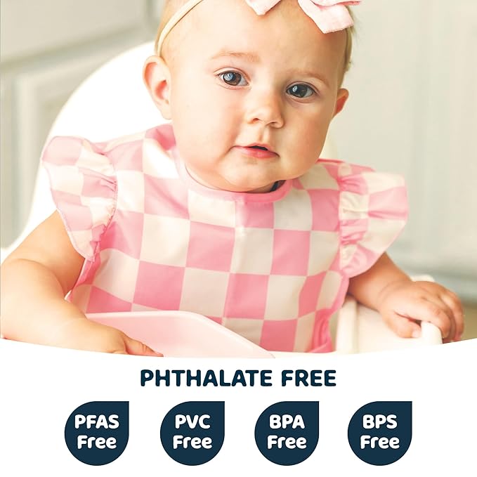 Tiny Twinkle Mess Proof Baby Bibs for Eating – Waterproof, Wipeable Toddler Bibs with Pocket – Baby Food Bibs for Girls & Boys(3 Pack,Checkers Girl)