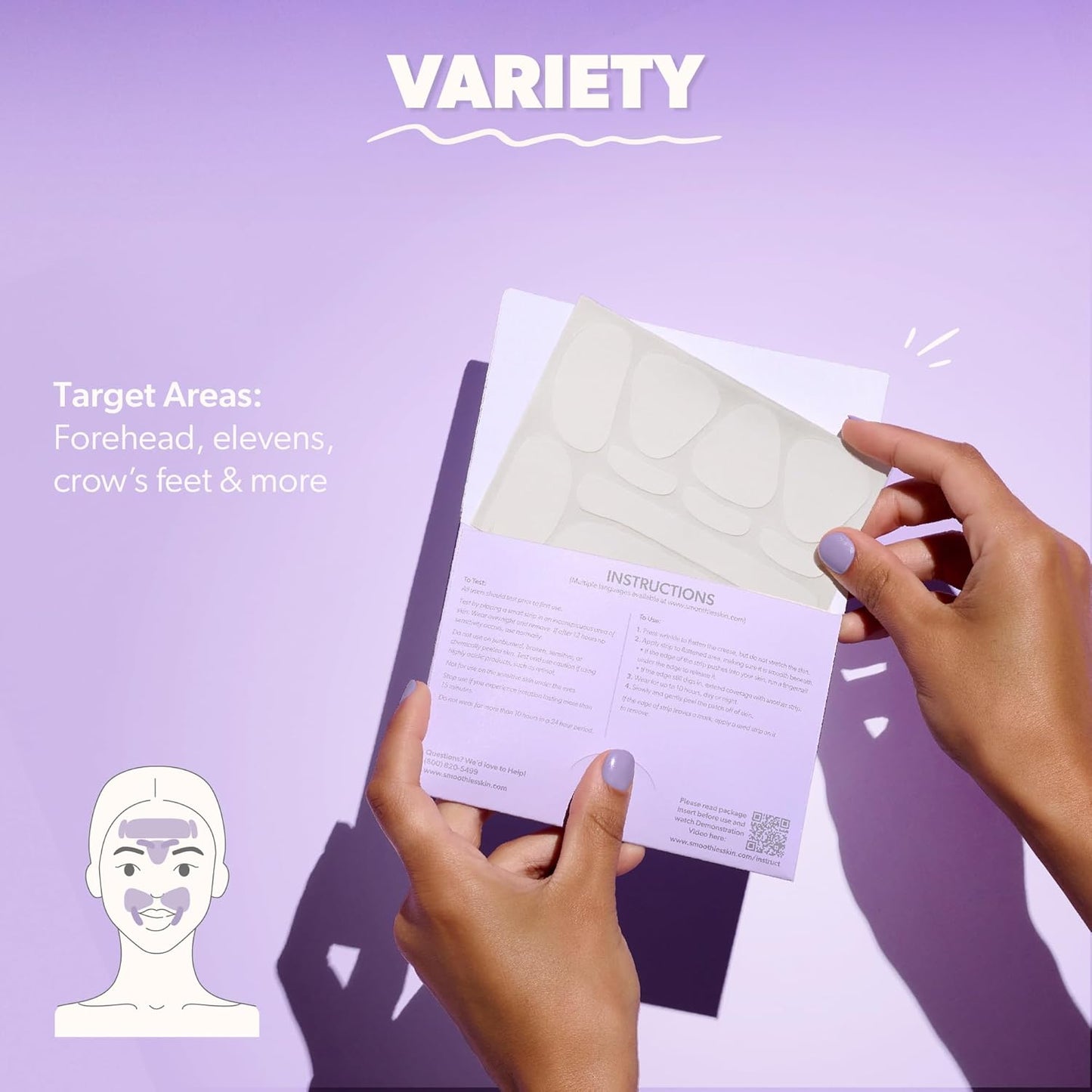 Smoothies Variety Wrinkle Patches for Face Overnight - Facial Patches for Forehead, Elevens, Crows Feet and more, 160 Facial Adhesives per Box - Face Tape, Made in the USA