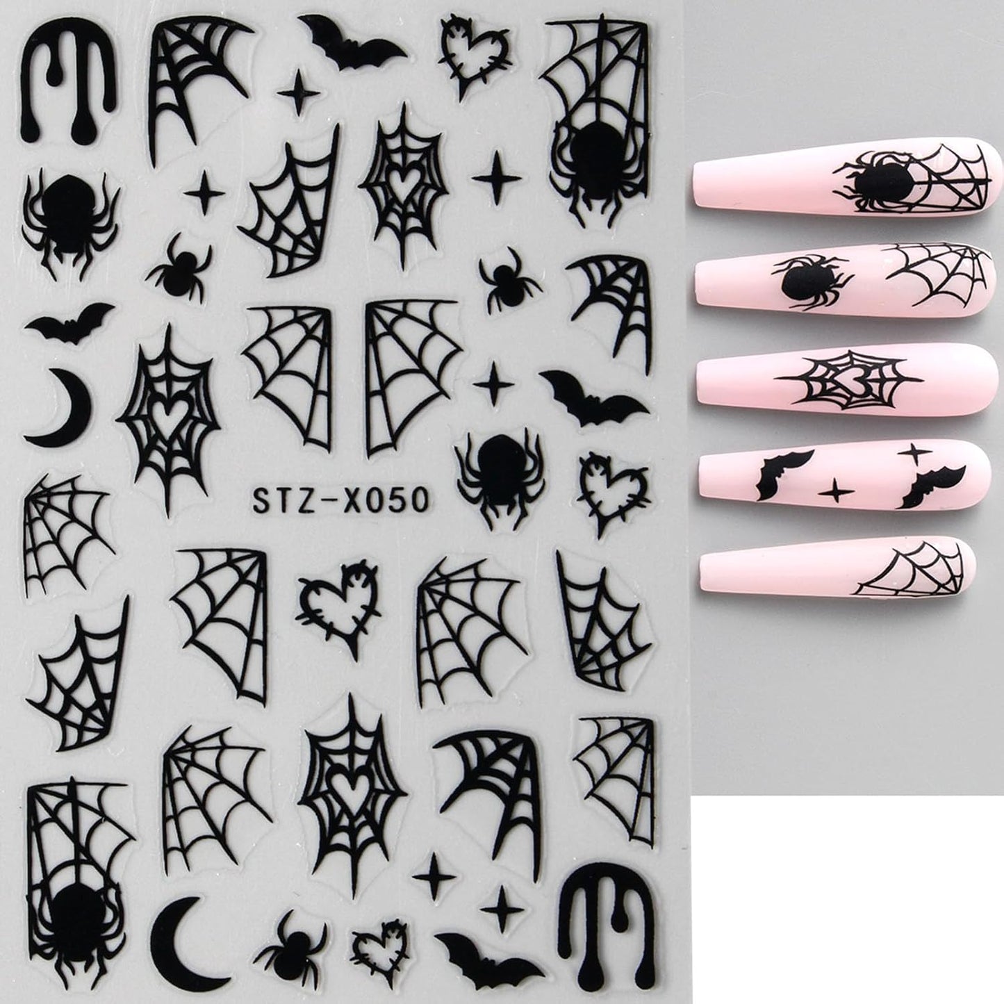 6 Sheets Halloween Nail Art Stickers Cute Ghost Nail Decals Black White Spider Web Bat Stars Moon Design Gothic Nail Art Supplies for Holiday Acrylic DIY Nail Decoration
