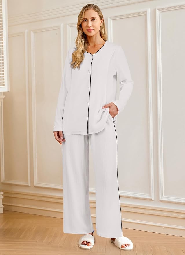 OUGES 100% Cotton Women's Maternity Nursing Pajamas Sets Button Down Breastfeeding Loungewear Top & Pants with Pockets