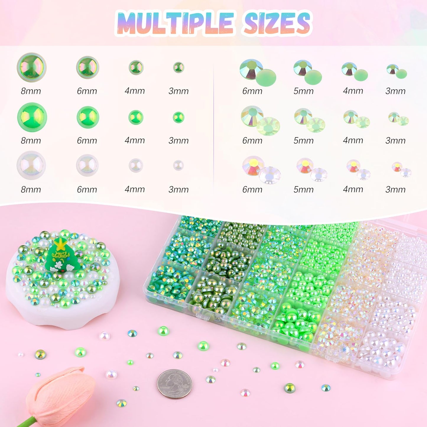 9000Pcs Flatback Pearls and Rhinestones for Crafting, Green White Mixed Size 3-8mm Resin Rhinestones and Half Pearls for Bedazzling, Nail Art and Decoration with 3pcs B7000 Jewelry Glue