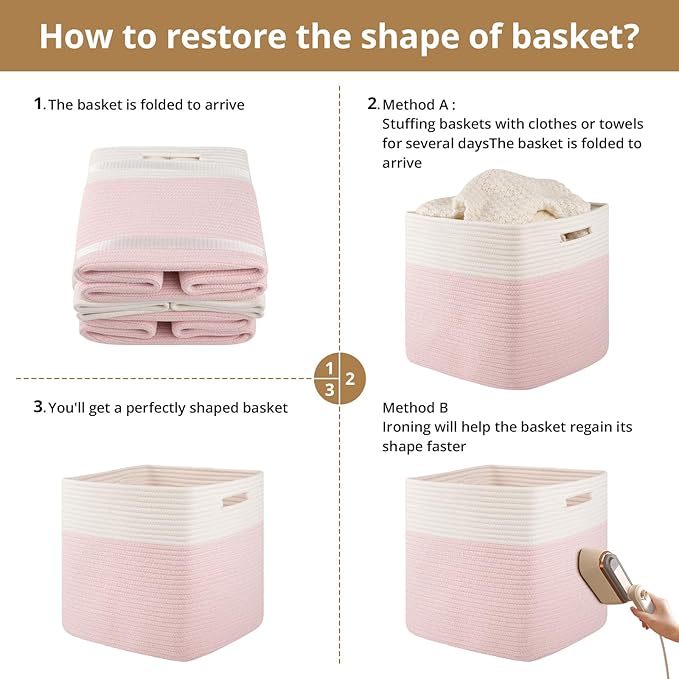 OIAHOMY 13 Kallax Inch Cube Storage Bins, 3-Pack Cotton Rope Woven Baskets for Organizing, Kallax Insert Storage Baskets for Shelves, Baby Nursery, Closet Organizer, 13*13*12.6IN, Pink & White