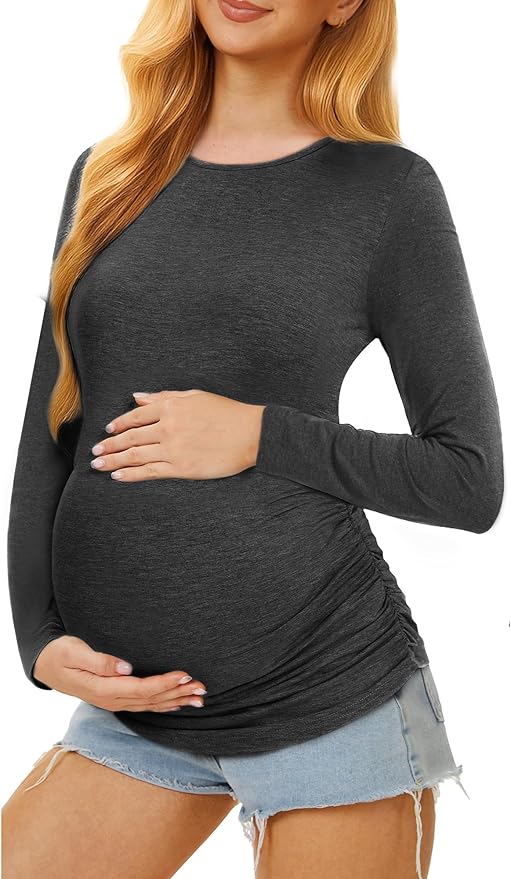 Maternity Shirts Long Sleeve Pregnancy Top for Women with Crew Neck Casual Tee Shirts