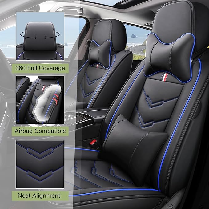 Leather Car Seat Covers Fit for LR Range Rover 2022-2025, 5 Seater Waterproof and Wear-Resistant Seat Cover Interior Accessories(Full Set with Pillow,Black&Blue)