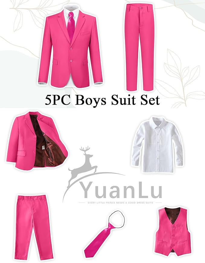 YuanLu Boys Suit for Kids Tuxedo Wedding Ring Bearer Outfit, 5 Piece Boy Slim Fit Formal Suits with Adjustable Waist