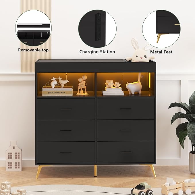 Changing Table Dresser with Drawers, Baby Dresser with Changing Table Top, Power Outlet, LED Light & Metal Feet, Diaper Changing Station Nursery Organizer for Infants Newborn, Black