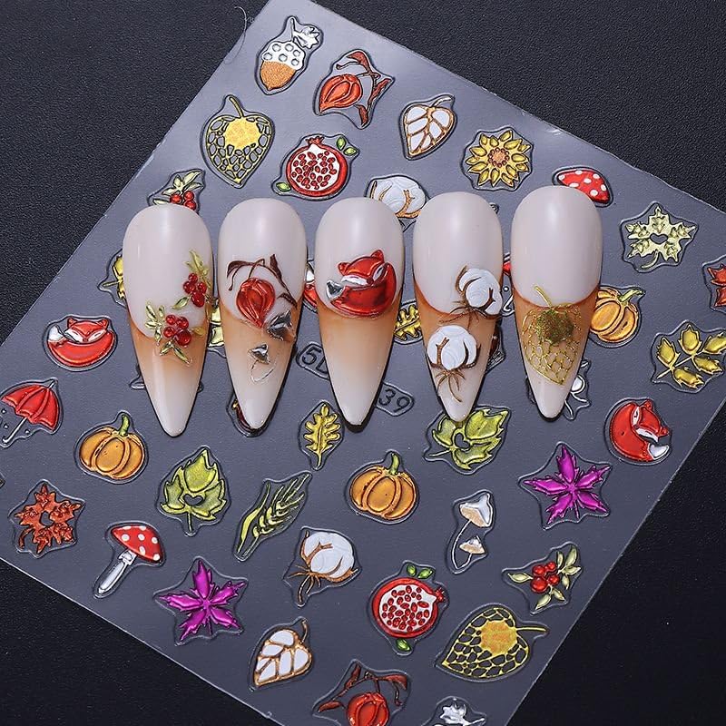 Fall Nails Stickers Autumn Leaves Nails Sticker 5D Embossed Maple Leaves Pumpkins Self Adhesive Sticker Nail Decals Colorful Thanksgiving Nail Art Decal Fall Decals for Nail DIY Manicure 1Sheet