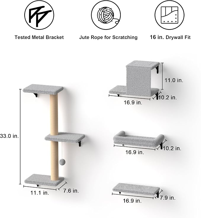 FUKUMARU Cat Wall Shelves, Stable & Safe 4 in 1 Cat Furniture Set, Wooden - Image 5