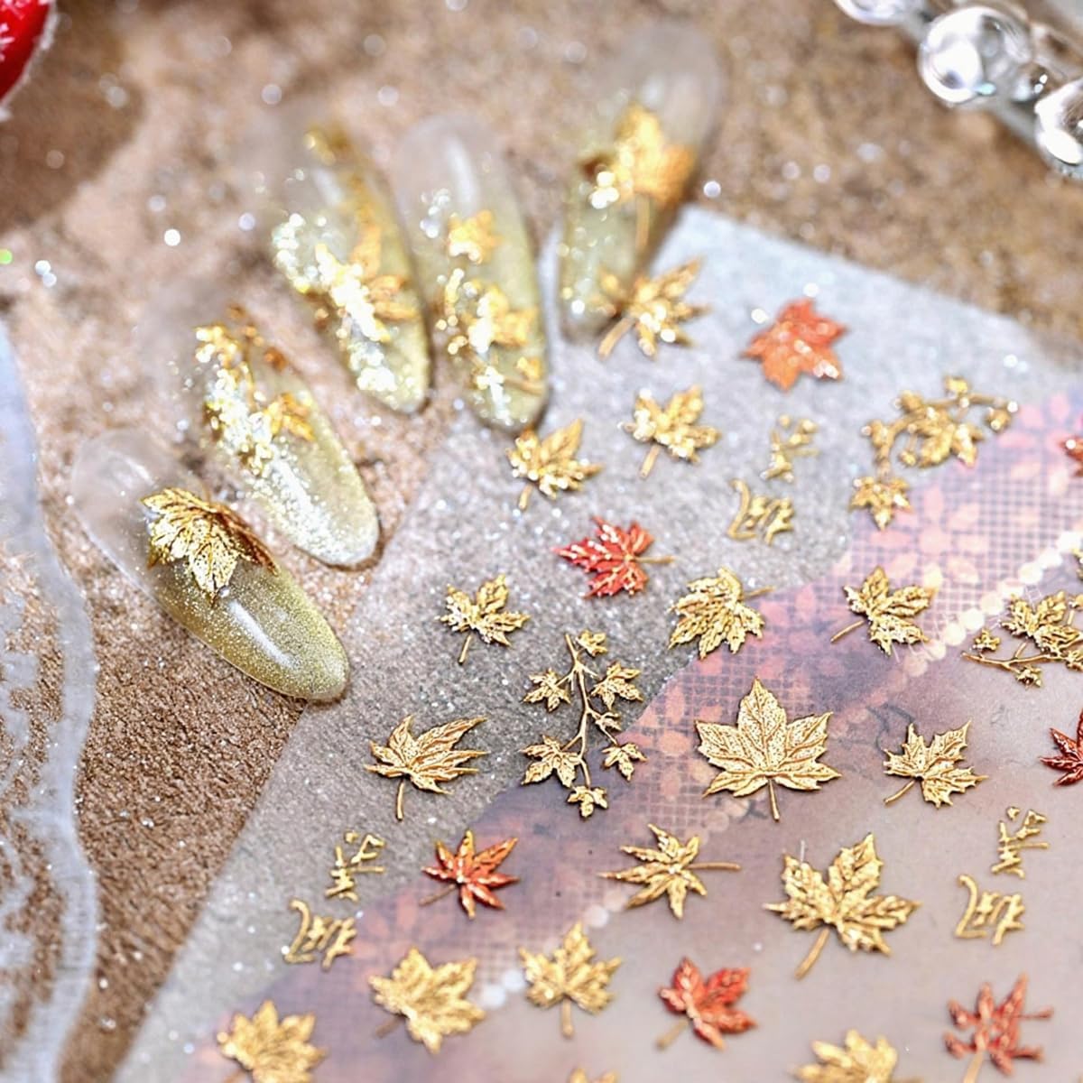 Fall Nail Art Stickers Autumn 5D Maple Leaf Nail Decals Thanksgiving Day Nail Decorations Supplies Gilding Maple Leaf Nail Art Sticker Fall Stickers for Women Girls Nails Manicure Decor 1Sheet