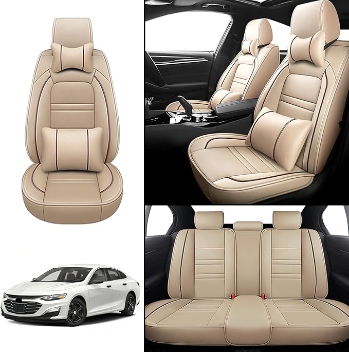 Car Seat Covers for Malibu 2004-2025 | 5-Seats Seat Covers, Waterproof Seat Protectors, Automotive Seat Covers (Full Set with Pillow,Beige)