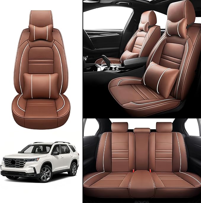 Car Seat Covers for Honda Pilot 2003-2025 | 5-Seats Seat Covers, Waterproof Seat Protectors, Automotive Seat Covers (Full Set with Pillow,Coffee)