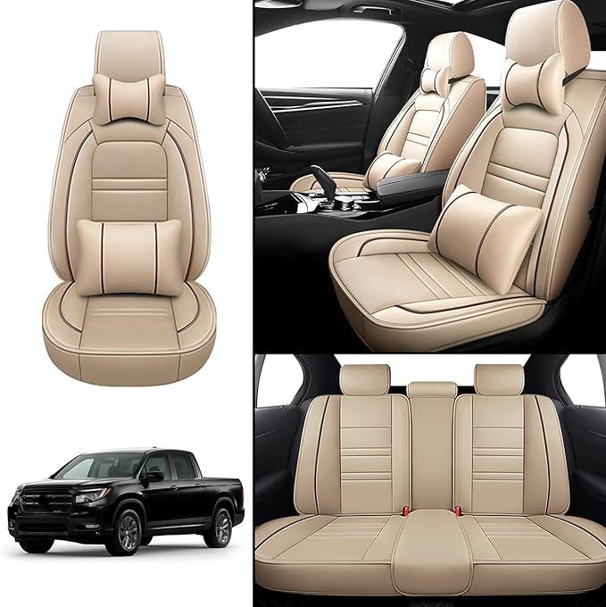 Car Seat Covers for Honda Ridgeline 2006-2025 | 5-Seats Seat Covers, Waterproof Seat Protectors, Automotive Seat Covers (Full Set with Pillow,Beige)