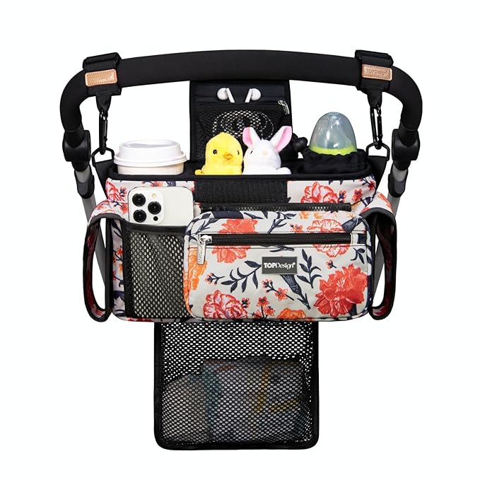 TOPDesign Universal Baby Stroller Organizer, Stroller Caddy with Detachable Mesh Bag & Heightened Insulated Cup Holders & Non-Slip Secure Hooks Accessories, Fits Most Strollers (Trumpet Vine)