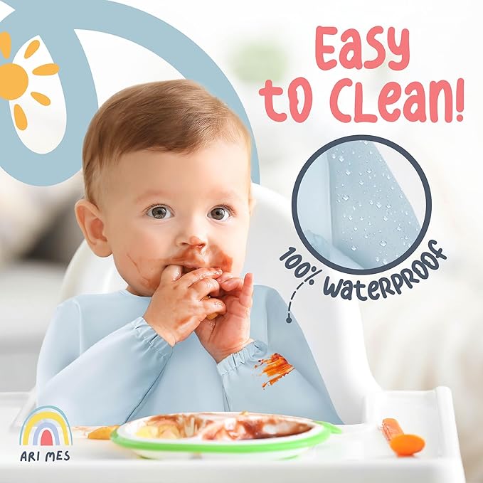 ARI MES Long Sleeves Waterproof Baby Bibs for Eating - Dinosaur, Small - Wearable, Coverall for Toddler, Long Sleeve Bib, Smock Apron for Feeding - Applicable for 6-72 Months