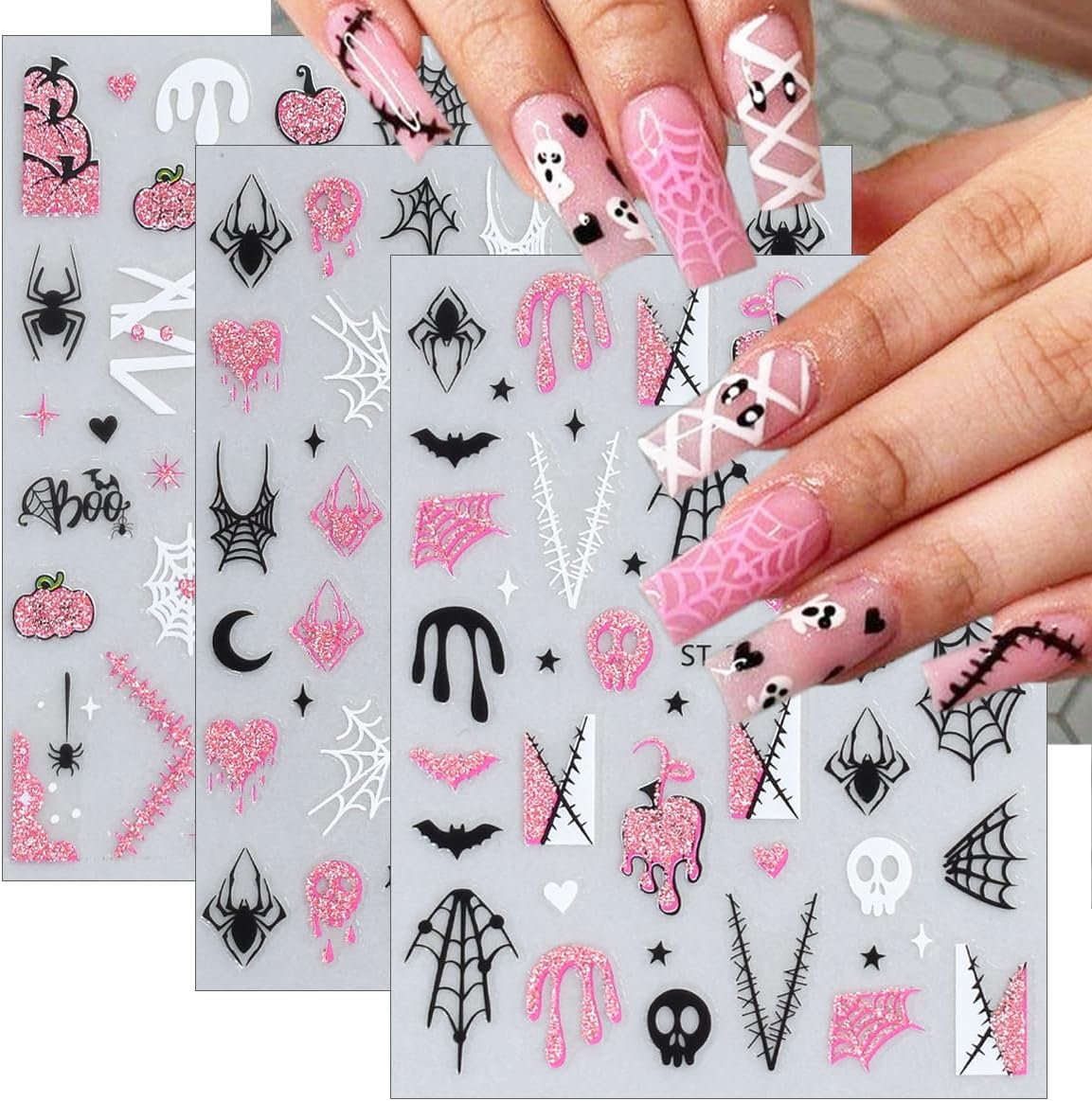 6 Sheets Halloween Nail Art Stickers Decals Pink Glitter Pumpkin Heart Bow Spider Nail Decals 3D Self-Adhesive Ghost Spider Web Skull Nails Stickers Cute Halloween Nails Art Supplies for Women Girls